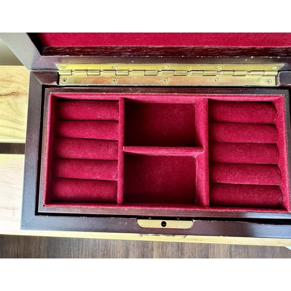 VTG Bombay Style Wooden Jewelry Box  Brass Cherry‎ Tone Red Velvet Interior - Picture 9 of 10
